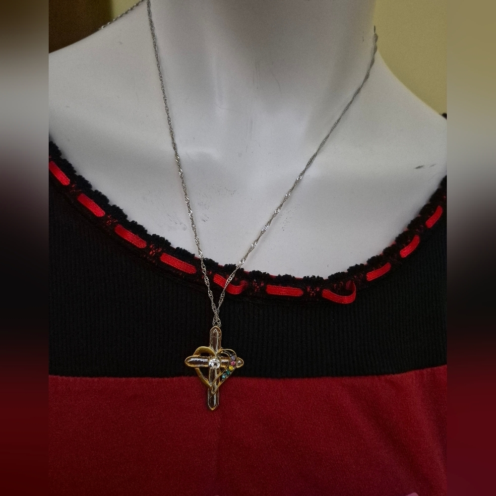 Silver Tone And Gold Tone Colored Rhinestone Cross Necklace